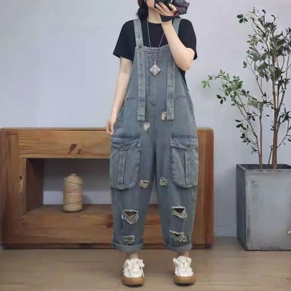 Front Big Pockets 90s Ripped Bib Overalls