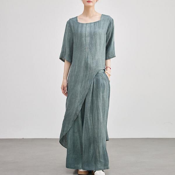 Square Neck Linen Asymmetrical Tunic with Wide Leg Pants