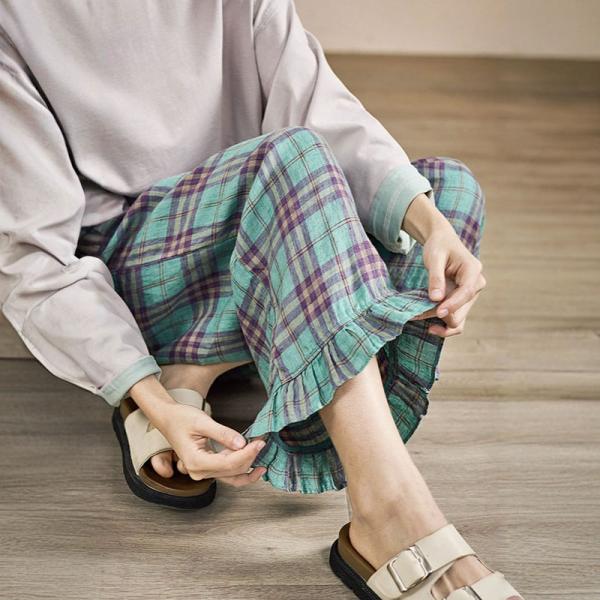 Ruffle Hem Organic Linen Gingham Pants