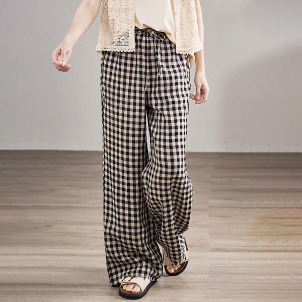 High Waist Casual Black Plaid Linen Wide Leg Pants