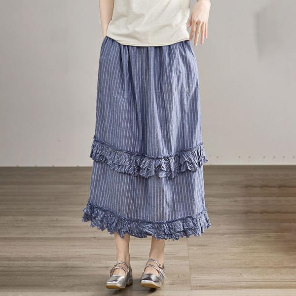 Blue Pinstriped Ruffle Cotton Tiered Skirt