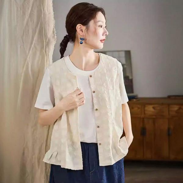 White Patchwork Cotton Linen Ruffled Waistcoat