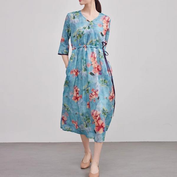 V-Neck Red Flowers Blue Ramie Wrap Dress