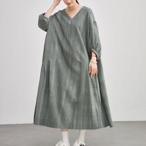 Sand Wash V-Neck Plus Size Linen Maxi Dress