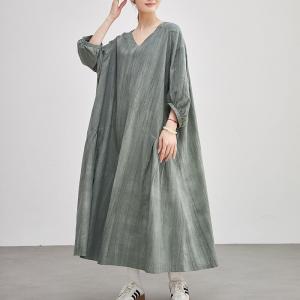 Sand Wash V-Neck Plus Size Linen Maxi Dress