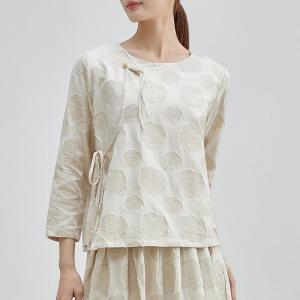 Frog Button Stereo Patchwork Linen Tied Wrap Blouse