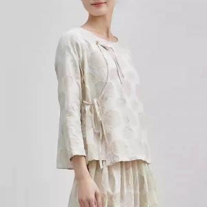 Frog Button Stereo Patchwork Linen Tied Wrap Blouse