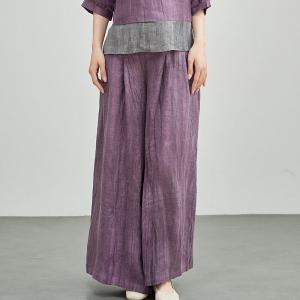 Elastic Waist Plain Linen Wide Leg Pants