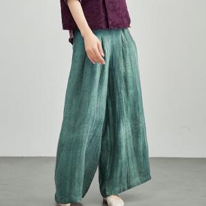 Elastic Waist Plain Linen Wide Leg Pants