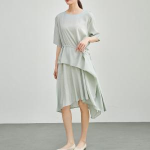 Asymmetrical Flouncing Tied Waist Designer Cotton Dress