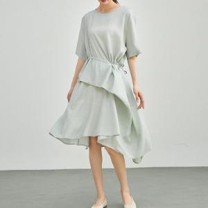 Asymmetrical Flouncing Tied Waist Designer Cotton Dress