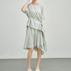 Asymmetrical Flouncing Tied Waist Designer Cotton Dress
