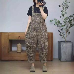 90s Fashion Cheetah Prints Ripped Overalls