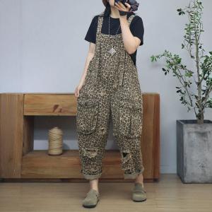90s Fashion Cheetah Prints Ripped Overalls