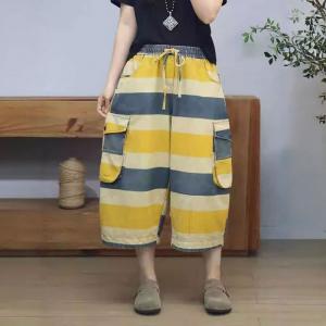 Yellow and Blue Striped Pockets Baggy Mid-Calf Jeans