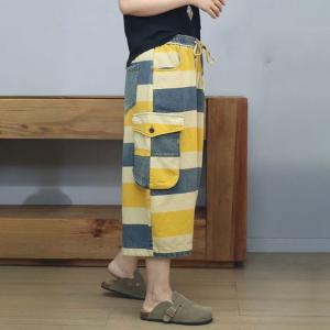 Yellow and Blue Striped Pockets Baggy Mid-Calf Jeans