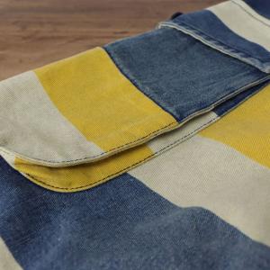 Yellow and Blue Striped Pockets Baggy Mid-Calf Jeans
