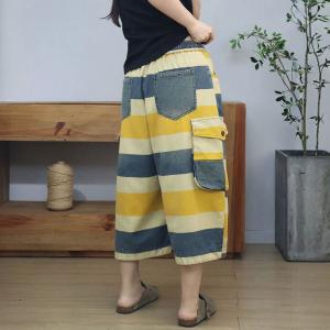Yellow and Blue Striped Pockets Baggy Mid-Calf Jeans