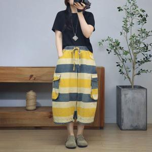 Yellow and Blue Striped Pockets Baggy Mid-Calf Jeans