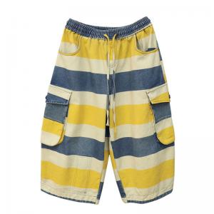 Yellow and Blue Striped Pockets Baggy Mid-Calf Jeans