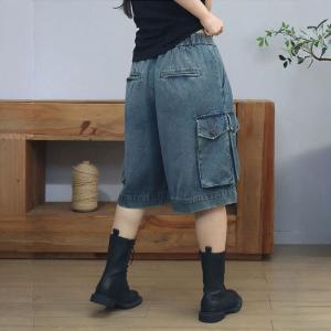 Flap Pockets High Waist Wide Leg Bermuda Jeans
