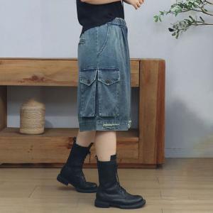 Flap Pockets High Waist Wide Leg Bermuda Jeans
