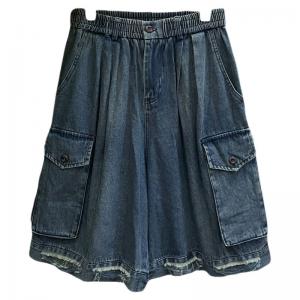 Flap Pockets High Waist Wide Leg Bermuda Jeans