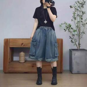 Flap Pockets High Waist Wide Leg Bermuda Jeans