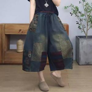 Folk Style Patchwork Plus Size Cropped Jeans