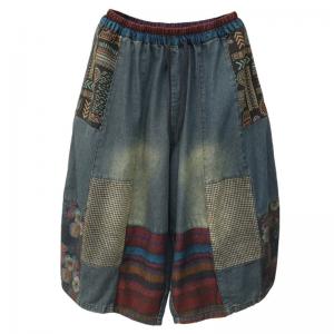Folk Style Patchwork Plus Size Cropped Jeans