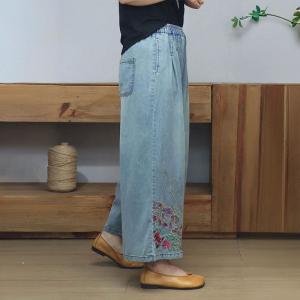 Light Wash Wide Leg Rose Embroidery Jeans