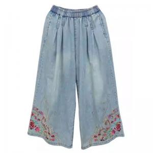 Light Wash Wide Leg Rose Embroidery Jeans