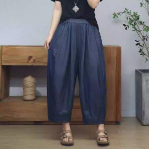 Summer Elastic Waist Cotton Baggy Dark Wash Jeans