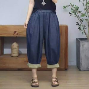 Summer Elastic Waist Cotton Baggy Dark Wash Jeans