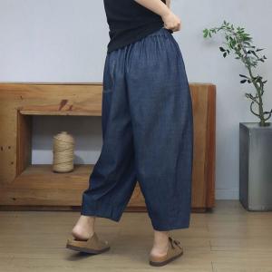 Summer Elastic Waist Cotton Baggy Dark Wash Jeans