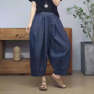 Summer Elastic Waist Cotton Baggy Dark Wash Jeans