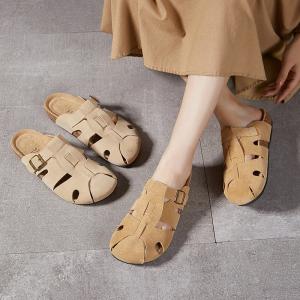 Hollow Out Buckle Suede Leather Casual Slippers