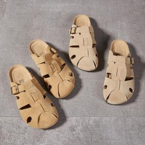Hollow Out Buckle Suede Leather Casual Slippers