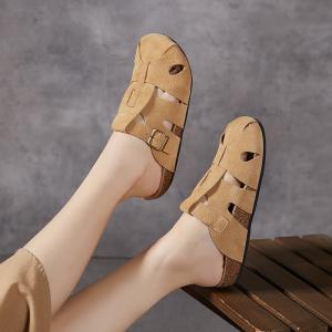 Hollow Out Buckle Suede Leather Casual Slippers