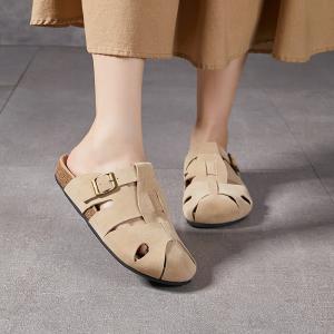 Hollow Out Buckle Suede Leather Casual Slippers