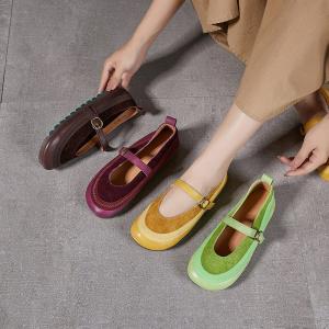 French Style Buckle Strap Leather Low Heels Sandals