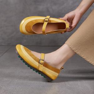 French Style Buckle Strap Leather Low Heels Sandals