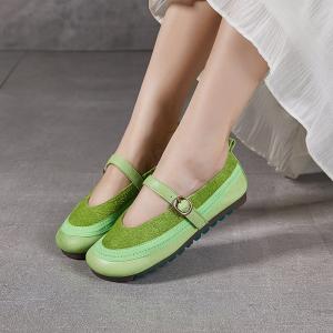 French Style Buckle Strap Leather Low Heels Sandals
