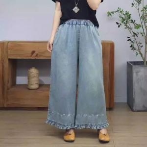 Ruffle Hem Wide Leg Light Wash Embroidery Jeans