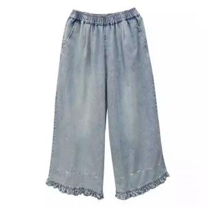 Ruffle Hem Wide Leg Light Wash Embroidery Jeans