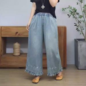 Ruffle Hem Wide Leg Light Wash Embroidery Jeans