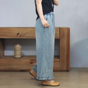 Ruffle Hem Wide Leg Light Wash Embroidery Jeans