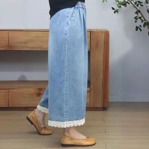Crochet Lace Hem Light Wash Wide Leg Jeans