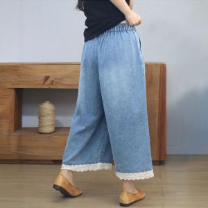 Crochet Lace Hem Light Wash Wide Leg Jeans
