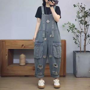 Front Big Pockets 90s Ripped Bib Overalls